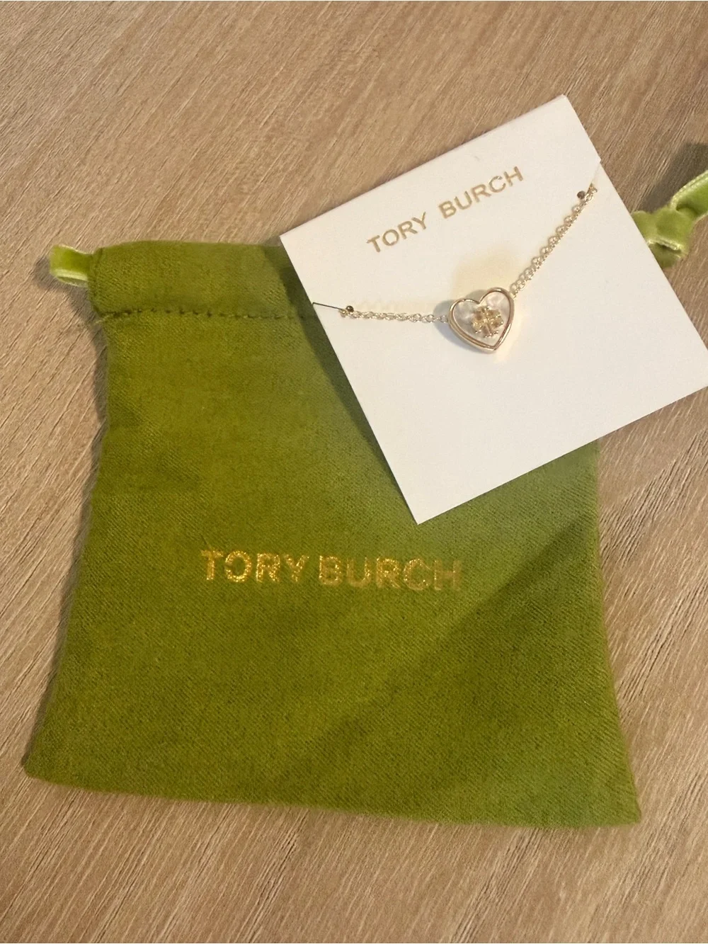 Tory Burch Kira Heart Mother of Pearl Double T Gold Necklace w dust bag